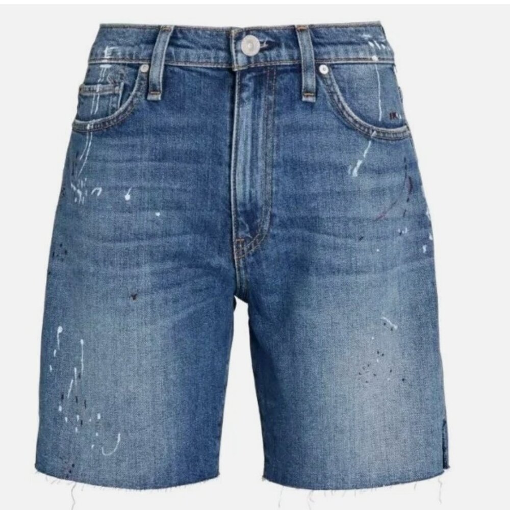 NWT Hudson Women's Denim Hana Biker Shorts 27 Paint Splatter Raw Hem W6028DPP